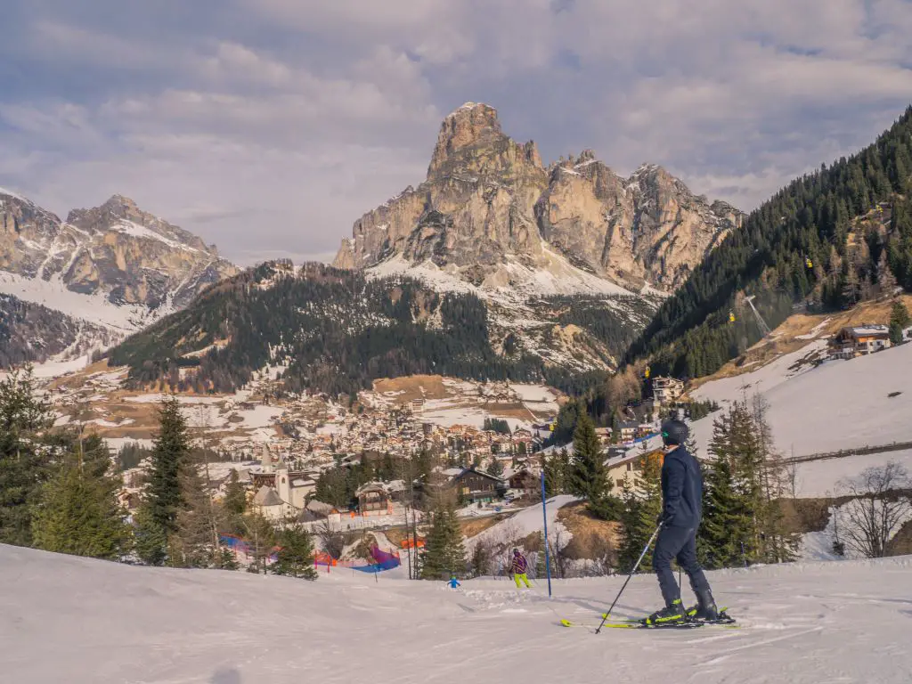 Looking at Corvara and the Sassongher Mountain Dolomites Italy
