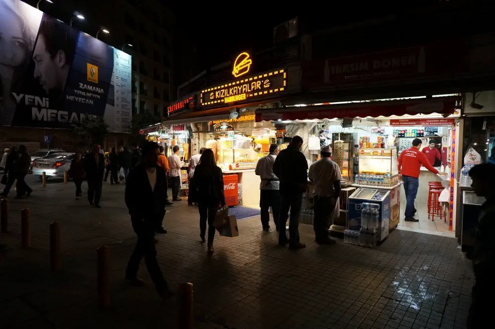 A street corner with a number of kebab shops near Taksim Square. Prepare to see thousands of these.