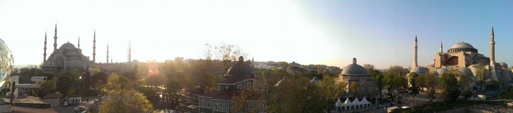 Panoramic shot of the Sultanmahnet district. Blue Mosque and Ayasofya in the background.