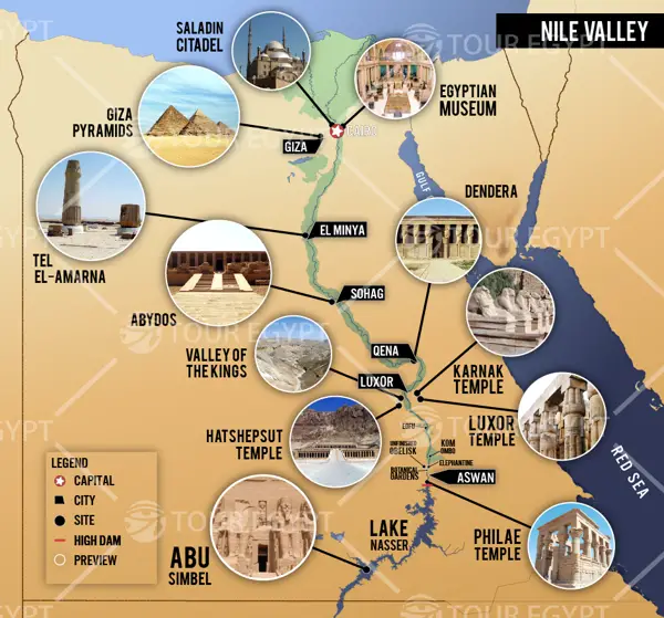 Very good map detailing Egypt's main sights along the Nile.
