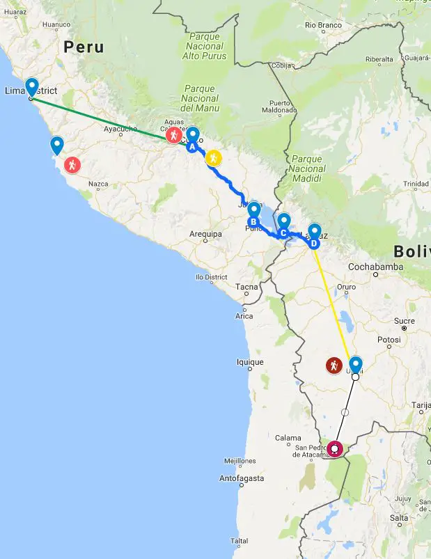 peru bolivia itinerary map