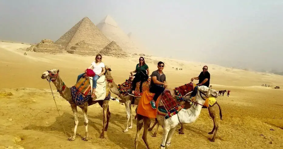 panorama viewpoint camels pyramids egypt