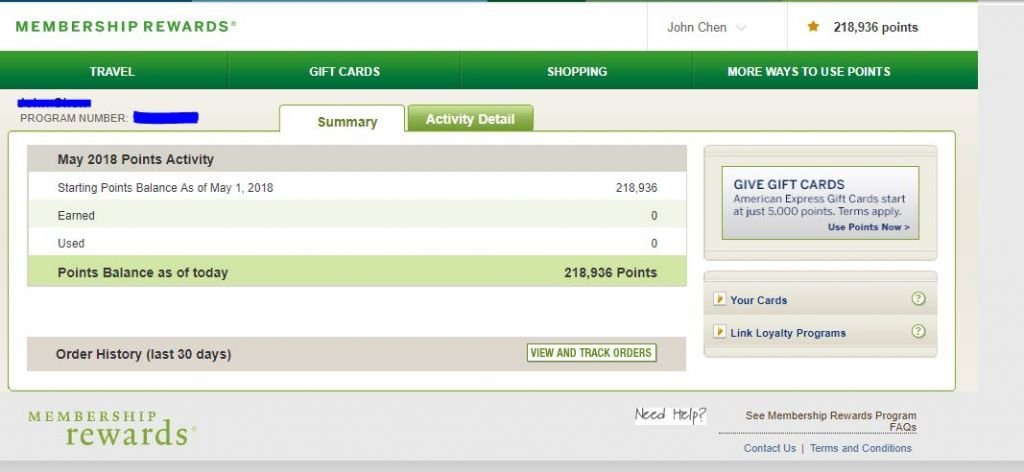 AMEX membership rewards balance screenshot