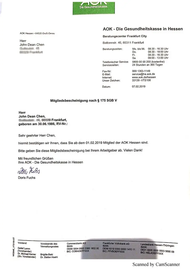 Enrollment letter in German Medical Insurance with AOK