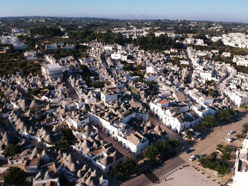 Aerial shot of Alberobello from drone