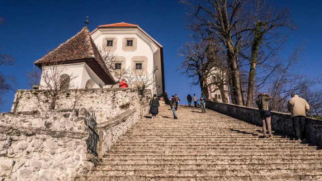 99 steps to the top of Bled island