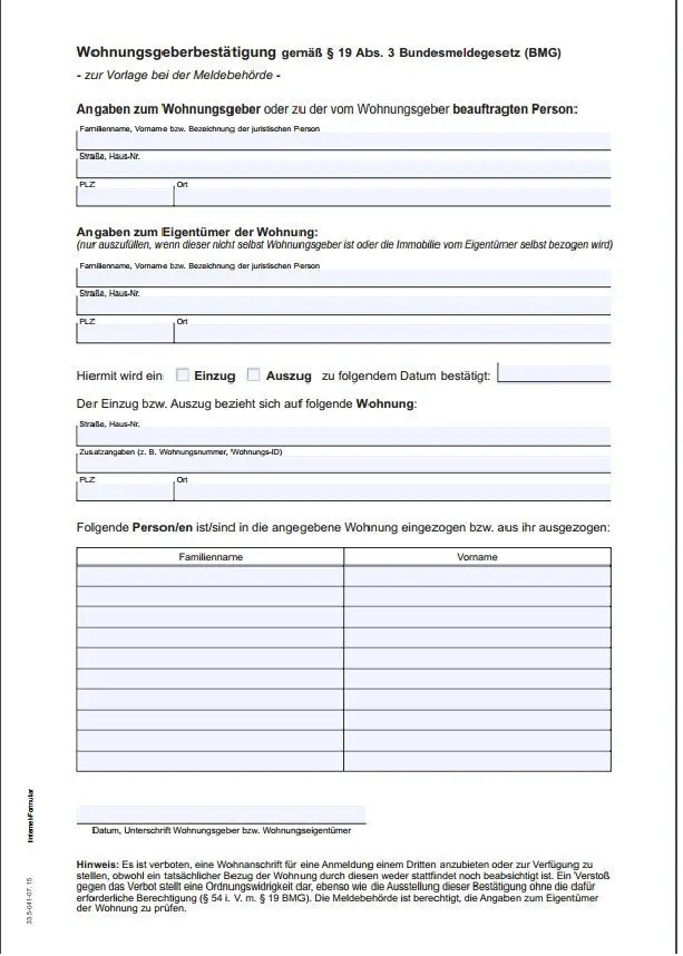 Wohnungsgeberbestätigung landlord confirmation form germany