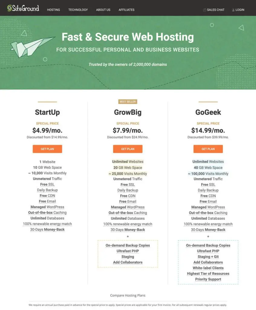 siteground hosting plans