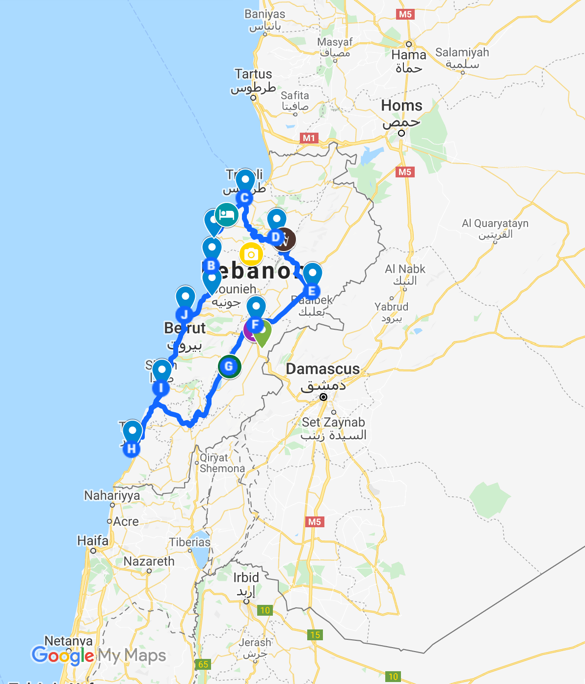 Lebanon Travel itinerary map