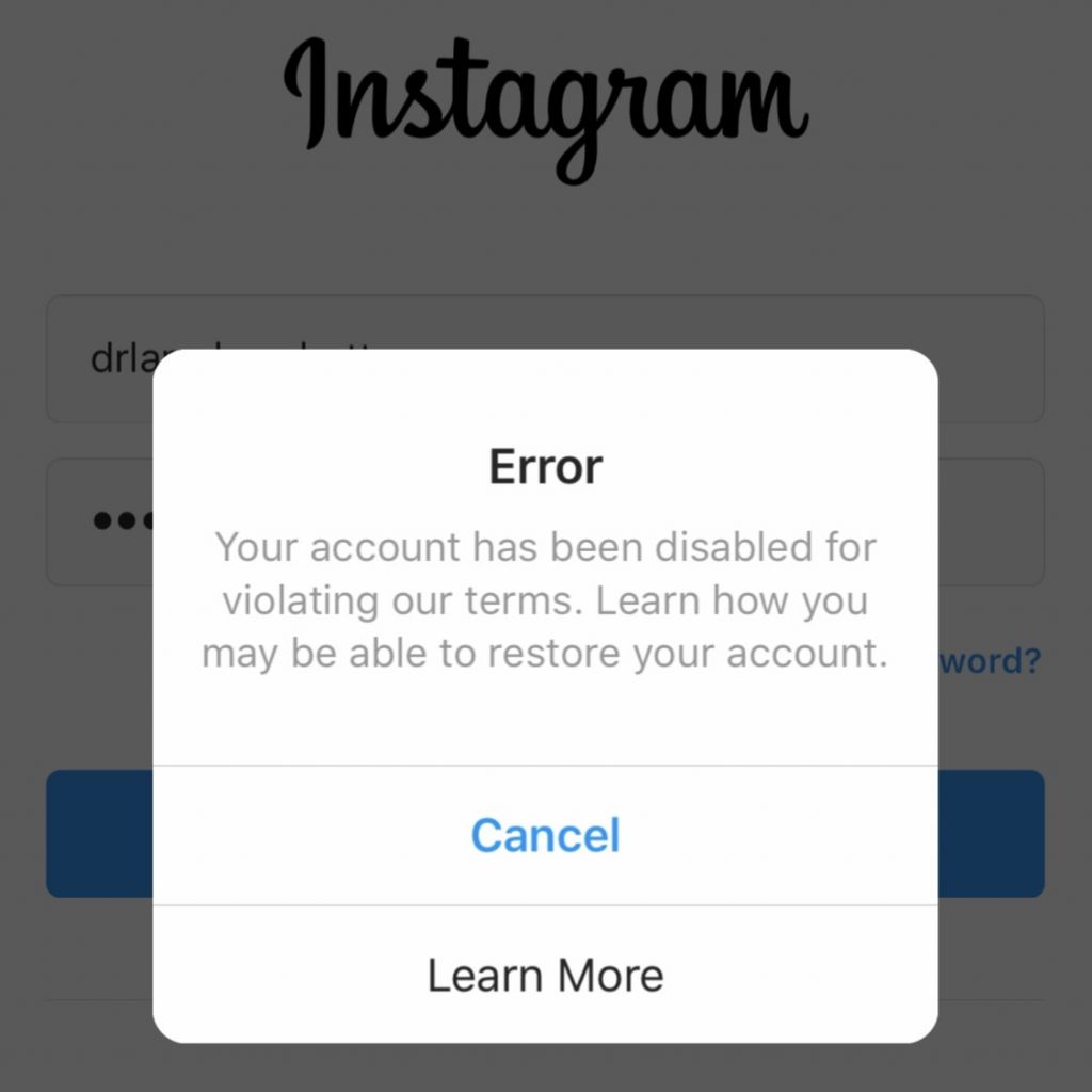 Instagram error message