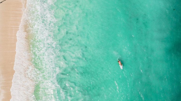 drone shot surf board tanjang aan beach lombok, indonesia