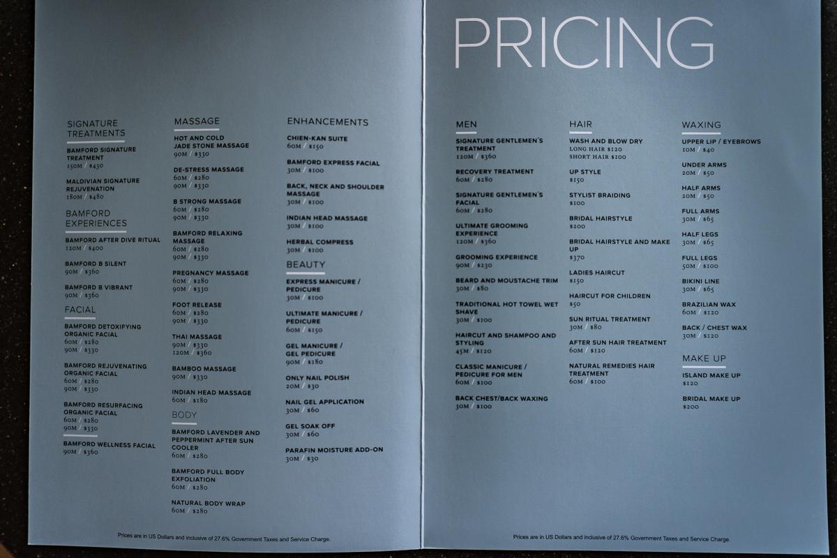 Ritz Carlton Maldives spa menu