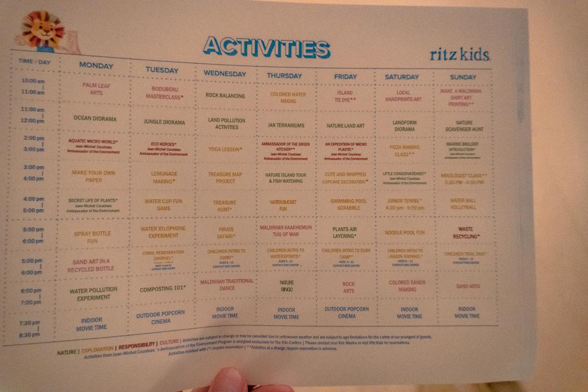 Ritz Carlton Maldives activity list