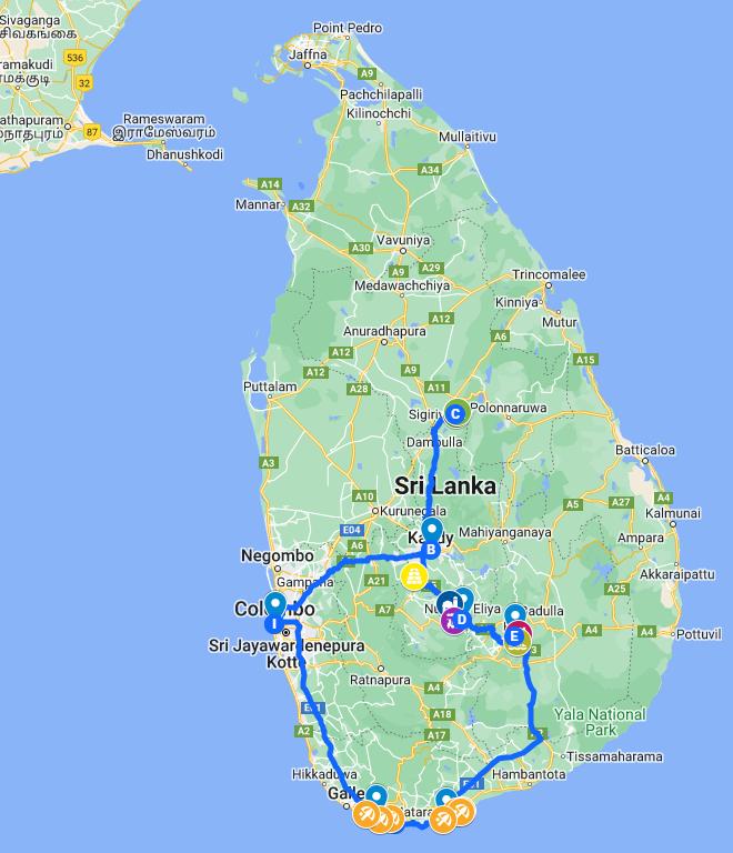 Sri Lanka itinerary map of where I went
